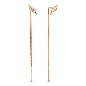 Серьги продевки из красного золота с фианитами