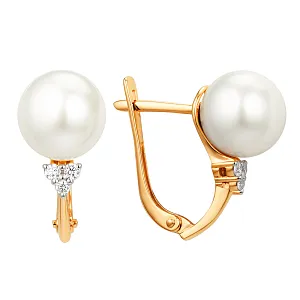 Серьги из красного золота с жемчугом и фианитами