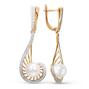 Серьги из красного золота с жемчугом и фианитами
