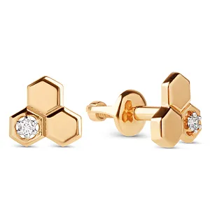 Серьги пусеты из красного золота с фианитами