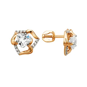 Серьги пусеты из красного золота с фианитами