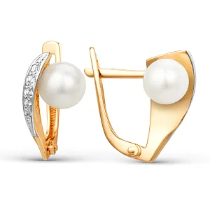 Серьги из красного золота с жемчугом и фианитами