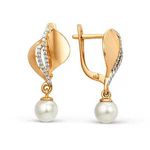 Серьги из красного золота с жемчугом и фианитами