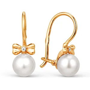 Серьги детские из красного золота с жемчугом и фианитами