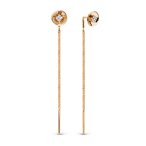 Серьги продевки из красного золота с фианитами