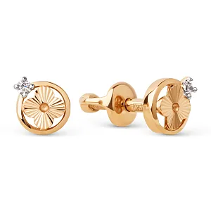 Серьги пусеты из красного золота с фианитами