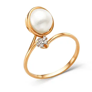 Кольцо из красного золота с жемчугом и фианитами