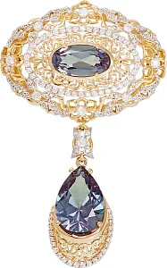 Брошь из желтого золота с александритами