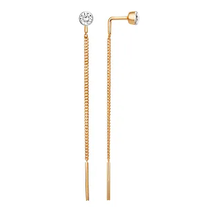 Серьги продевки из красного золота с фианитами