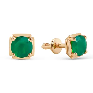 Серьги пусеты из красного золота с зелеными агатами