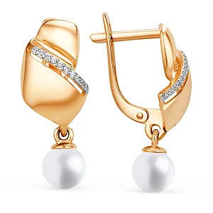 Серьги из красного золота с жемчугом и фианитами