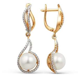 Серьги из красного золота с жемчугом и фианитами