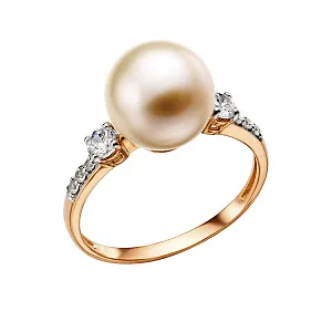 Кольцо из красного золота с жемчугом и фианитами