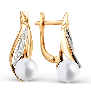 Серьги из красного золота с жемчугом и фианитами