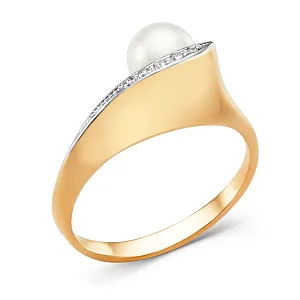 Кольцо из красного золота с жемчугом и фианитами