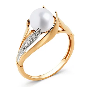 Кольцо из красного золота с жемчугом и фианитами