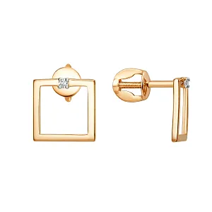 Серьги пусеты из красного золота с фианитами