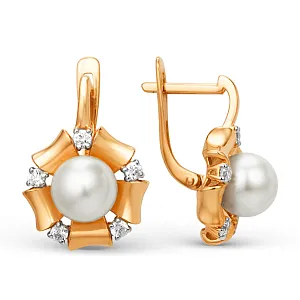 Серьги из красного золота с жемчугом и фианитами