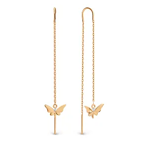 Серьги продевки из красного золота с фианитами