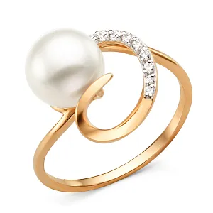 Кольцо из красного золота с жемчугом и фианитами