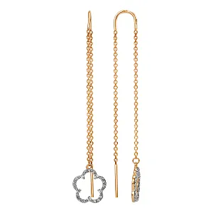 Серьги продевки из красного золота с фианитами