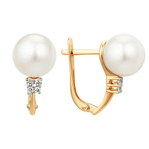 Серьги из красного золота с жемчугом и фианитами