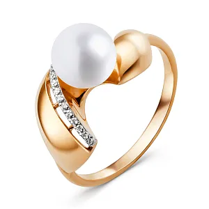 Кольцо из красного золота с жемчугом и фианитами