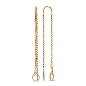 Серьги продевки из красного золота с фианитами