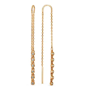 Серьги продевки из красного золота с фианитами