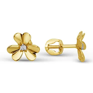 Серьги пусеты из желтого золота с фианитами