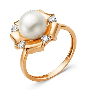 Кольцо из красного золота с жемчугом и фианитами
