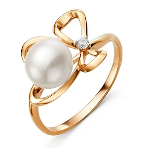 Кольцо из красного золота с жемчугом и фианитом