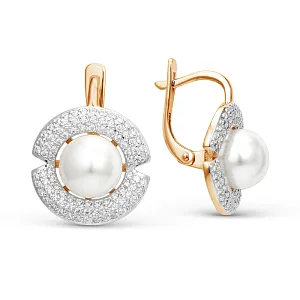 Серьги из красного золота с жемчугом и фианитами