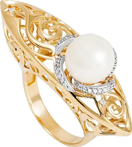 Кольцо из желтого золота с жемчугом и фианитами