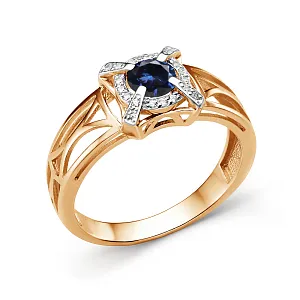 Кольцо из красного золота с бриллиантами и сапфиром