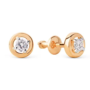 Серьги пусеты из красного золота с фианитами