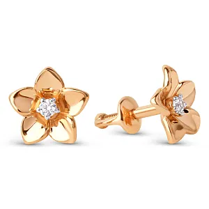 Серьги пусеты из красного золота с фианитами