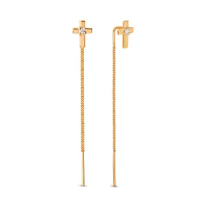 Серьги продевки из красного золота с фианитами