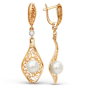 Серьги из красного золота с жемчугом и фианитами