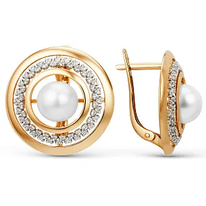Серьги из красного золота с жемчугом и фианитами