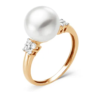 Кольцо из красного золота с жемчугом и фианитами