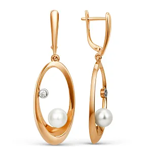 Серьги из красного золота с жемчугом и фианитами