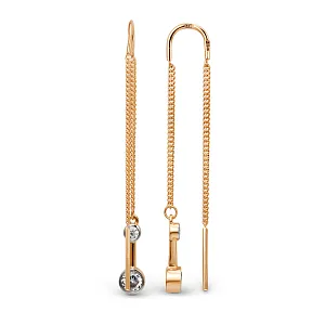 Серьги продевки из красного золота с фианитами