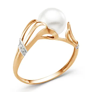 Кольцо из красного золота с жемчугом и фианитами