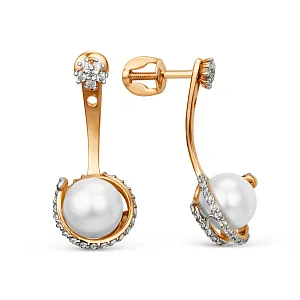 Серьги пусеты из красного золота с жемчугом и фианитами