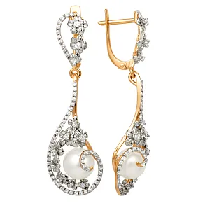 Серьги из красного золота с жемчугом и фианитами