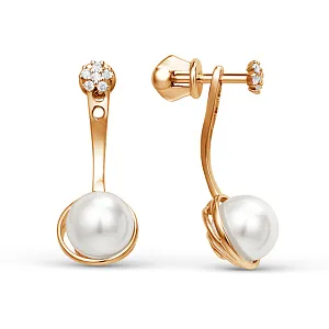 Серьги пусеты из красного золота с жемчугом и фианитами