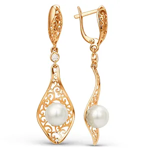 Серьги из красного золота с жемчугом и фианитами