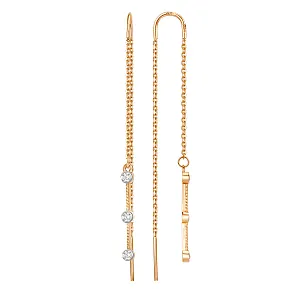 Серьги продевки из красного золота с фианитами