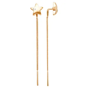 Серьги продевки из красного золота с фианитами